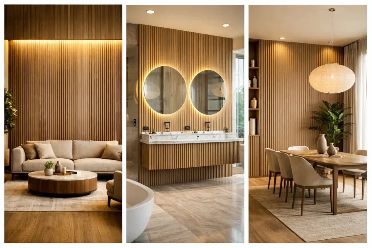 modern fluted wall panel ideas collage featuring living room bathroom vanity and dining room wood slat wall designs