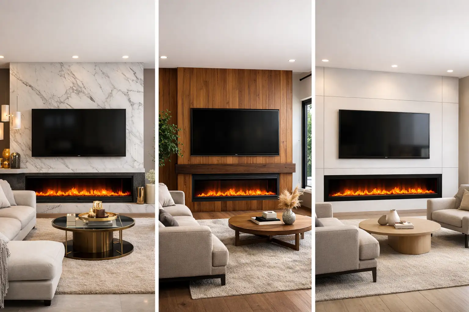 Electric fireplace ideas with TV above featuring three modern media wall designs with marble, wood panel, and minimalist living room setups.
