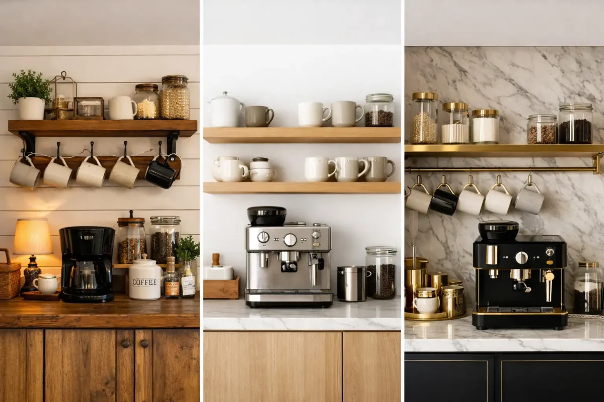 coffee bar ideas collage with rustic minimalist and luxury kitchen coffee stations modern home coffee bar inspiration