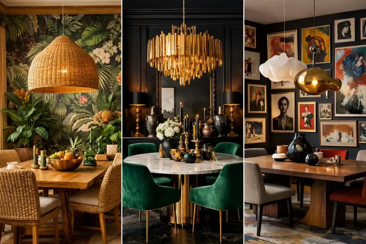 maximalist dining room ideas collage with tropical botanical dining space emerald velvet luxury dining room and gallery wall dining area bold modern dining room inspiration