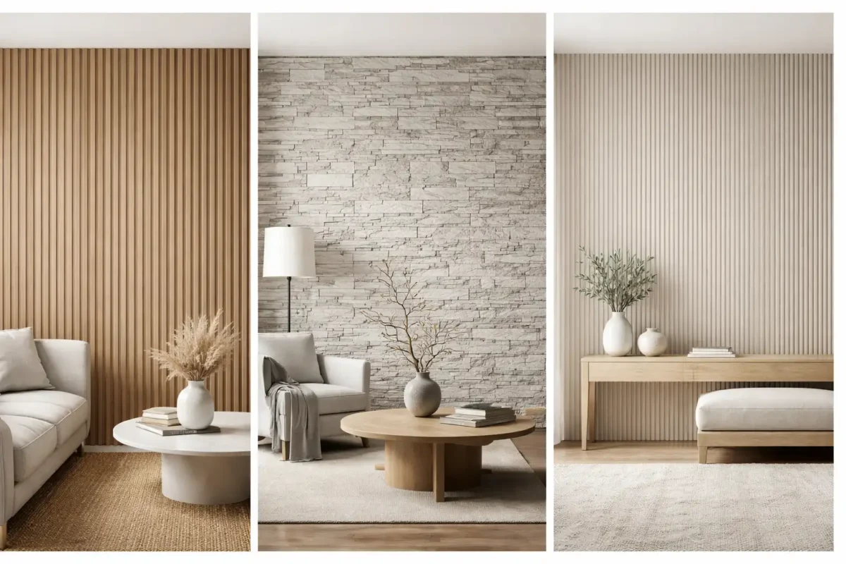 Collage of modern textured wall ideas designs featuring a wood slat accent wall, stacked stone veneer wall, and fluted wall panel interior, minimalist living room styling with neutral furniture, natural decor elements, and soft modern interior design aesthetic.