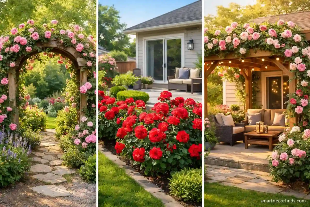 Backyard rose garden ideas collage featuring a pink climbing rose arch pathway, vibrant red rose flower beds near a modern home patio, and a wooden pergola covered in blooming roses.