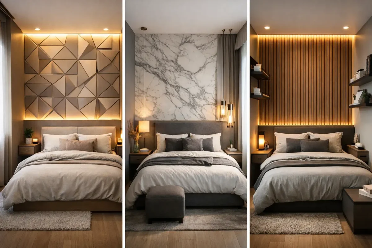 tiny bedroom ideas collage showing 3 modern luxury small bedroom designs with LED accent walls and stylish compact layouts