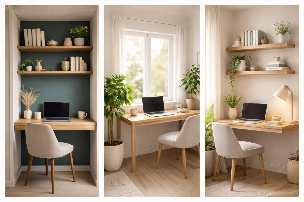 small home office nook ideas collage with closet workspace window desk and corner floating shelf workspace setup for small space living