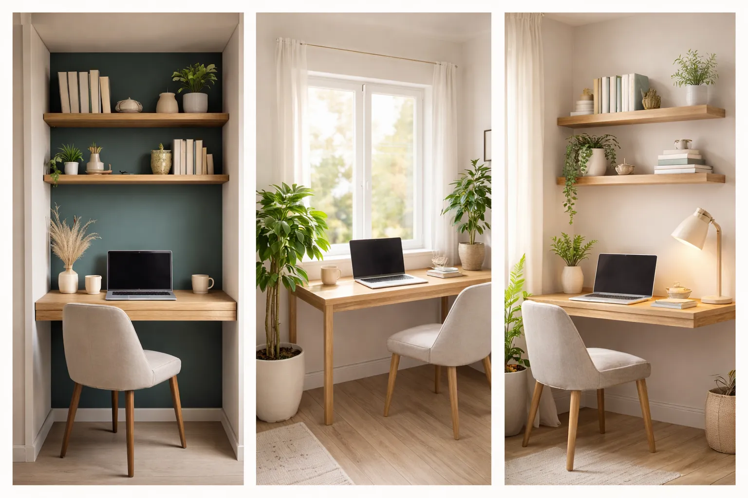 small home office nook ideas collage with closet workspace window desk and corner floating shelf workspace setup for small space living