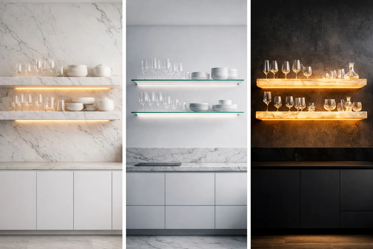 Modern open shelving kitchen ideas comparison featuring marble floating shelves with LED lighting, minimalist glass shelves and luxury backlit onyx shelves displayed in a clean three panel design.