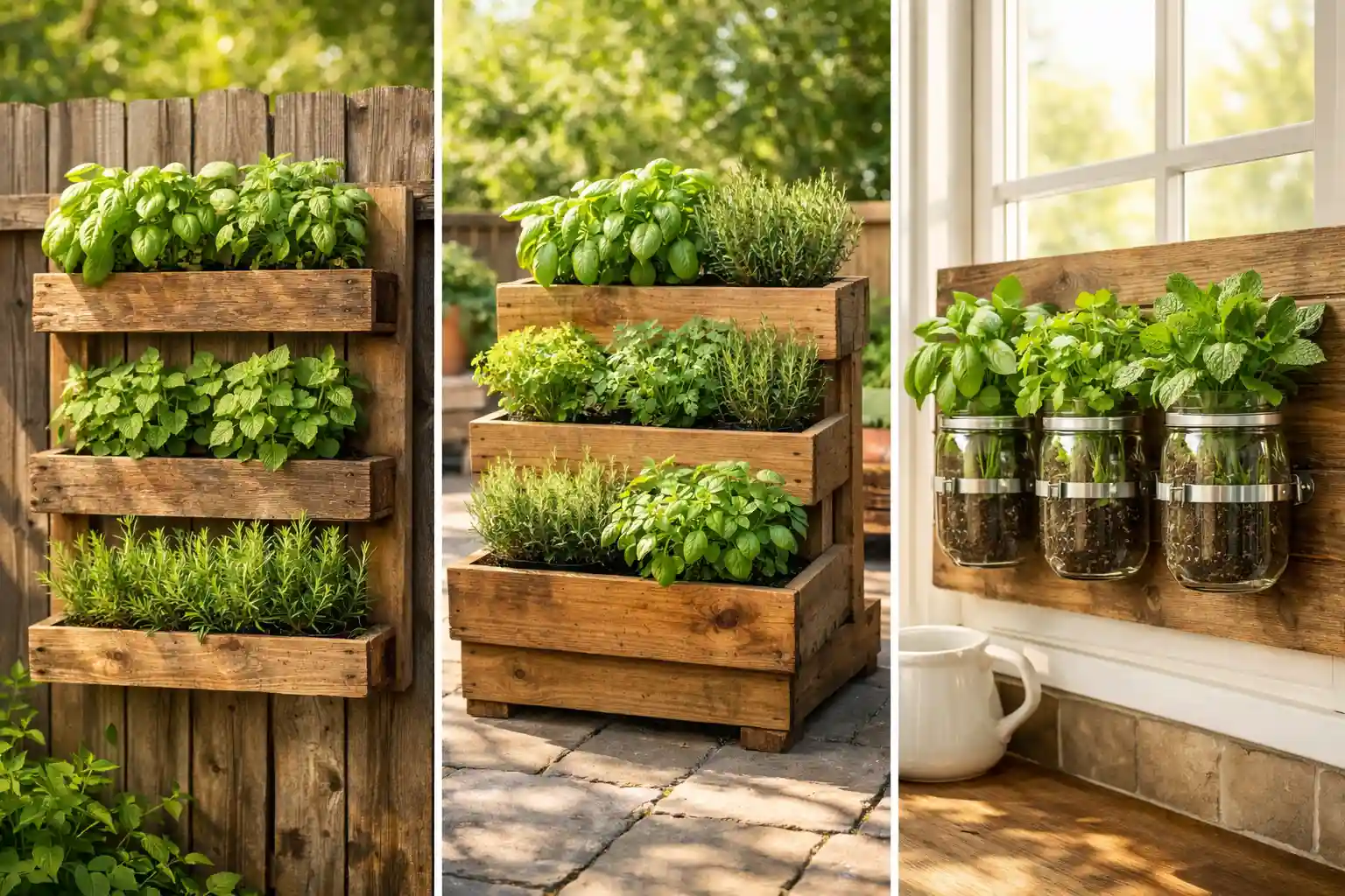 Three herb garden ideas collage showing vertical pallet herb garden, tiered wooden herb planter, and mason jar wall herb garden near kitchen window, creative DIY herb garden inspiration