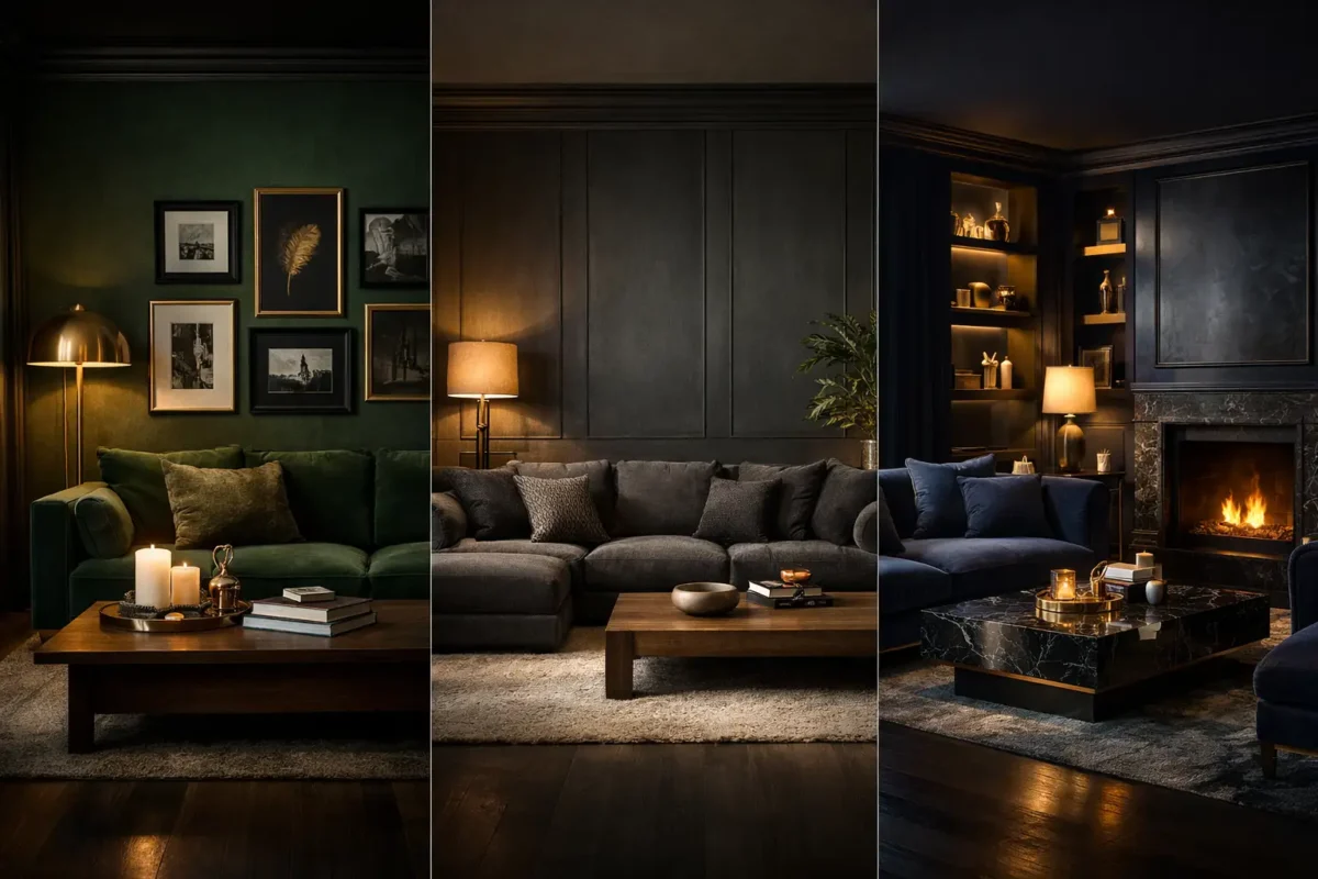moody dark living room ideas collage with green sofa charcoal wall luxury fireplace cozy modern dark interior design inspiration