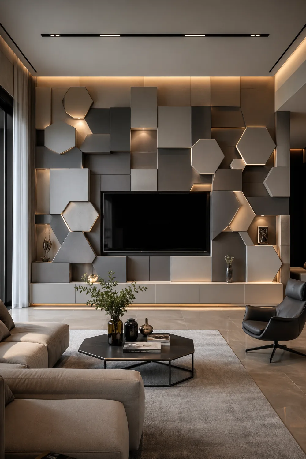 modern geometric 3D TV wall design with layered square and hexagon panels, warm LED strip lighting accents, neutral beige and grey tones, luxury living room interior with wall mounted TV and sleek media unit