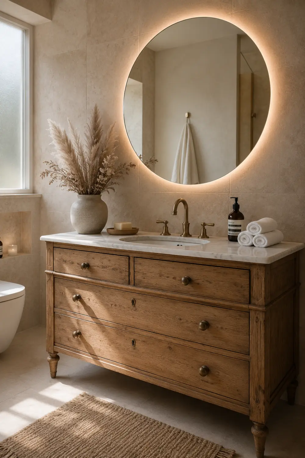 Vintage solid wood dresser transformed into a luxury bathroom vanity with white marble countertop, brass faucet fixtures, glowing round mirror, pampas grass decor, neutral beige tiles, woven rug, and cozy modern farmhouse bathroom styling with warm natural daylight.