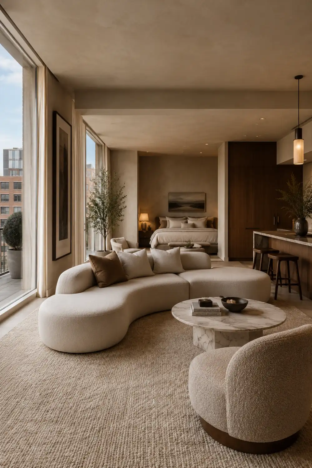 Luxury modern studio apartment with curved cream boucle sofa, soft neutral decor, warm natural lighting, marble coffee table, textured rug, cozy open-concept layout, and elegant small apartment aesthetic with high-end designer styling.