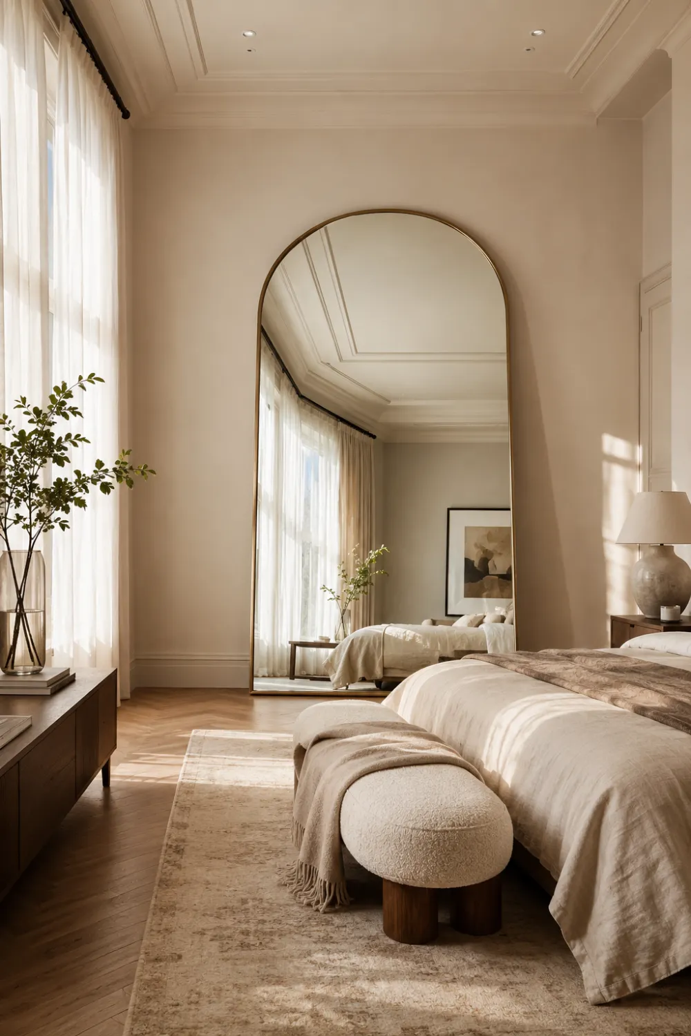 Large oversized leaning arch mirror placed in a luxury neutral bedroom with tall ceilings, soft beige walls, warm wooden flooring, cozy textured bedding, elegant bench seating, natural sunlight flowing through sheer curtains, and sophisticated modern organic interior decor styling.