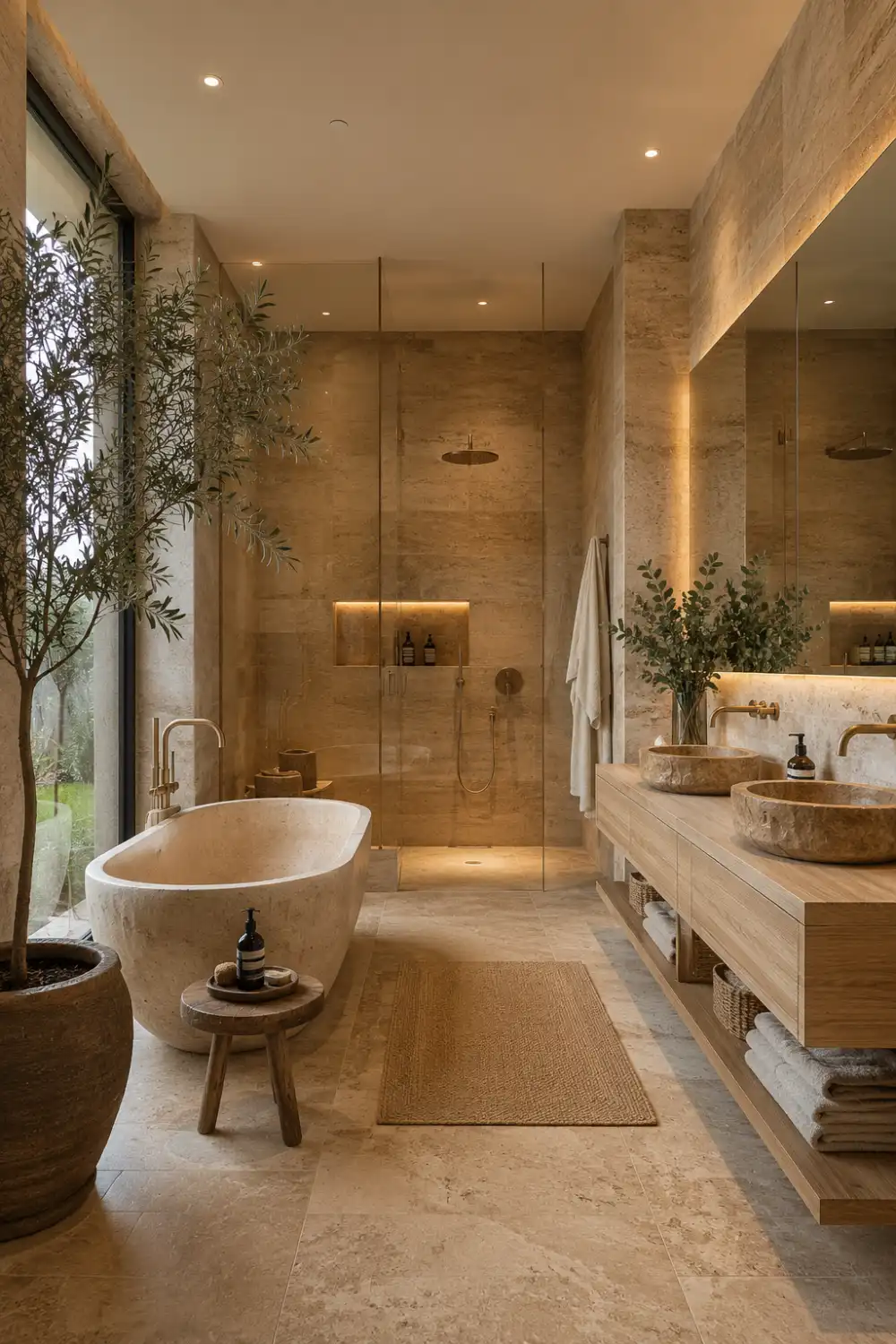 Luxury earthy bathroom with warm travertine stone walls and flooring, floating wood double vanity, freestanding soaking bathtub, frameless glass shower, soft ambient LED lighting, woven decor accents, indoor olive tree, and calming organic modern spa-inspired interior design.