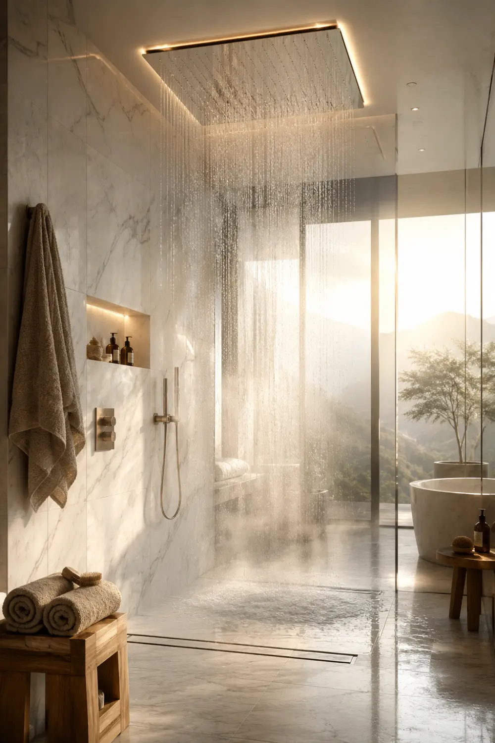 Luxury ceiling-mounted oversized rain shower with white marble walls, frameless glass enclosure, warm ambient lighting, built-in wall niche, and modern five-star spa bathroom interior design.