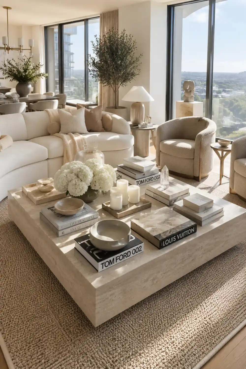 Bright neutral luxury living room featuring a large modern coffee table styled with stacked designer books, marble trays, candles, white floral arrangements, ceramic bowls, and elegant beige decor. Soft cream sofas, oversized windows, natural daylight, and layered neutral textures create a cozy modern maximalist designer home aesthetic.