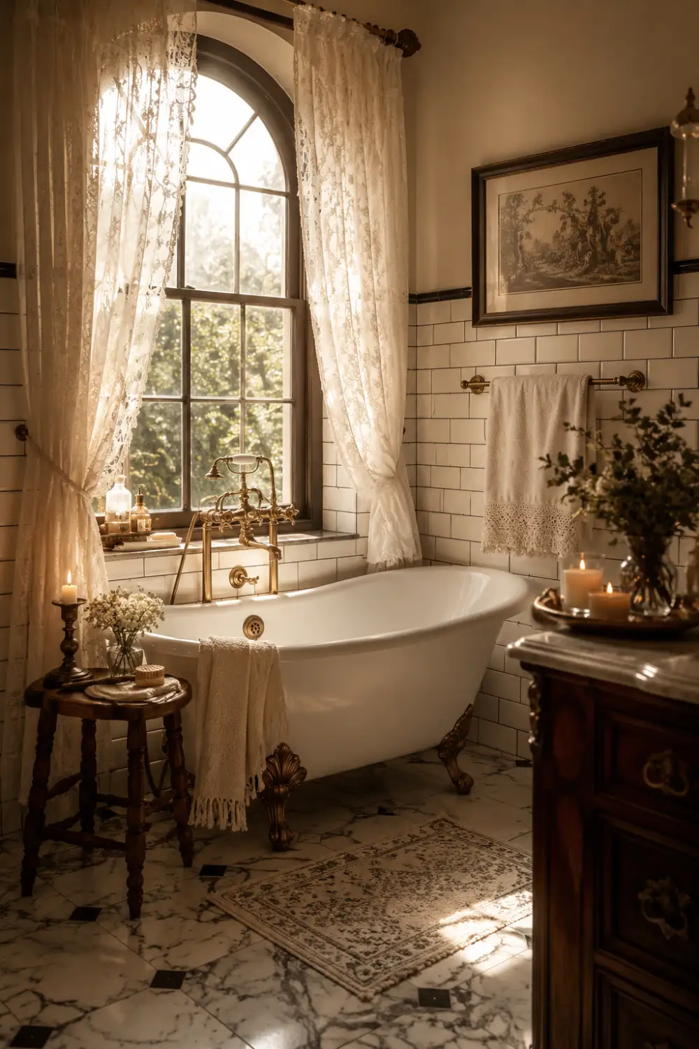 Romantic vintage bathroom with elegant white clawfoot bathtub, sheer lace curtains, antique brass faucet fixtures, marble tile flooring, glowing warm sunlight, candles, rustic wooden accents, and cozy old-world farmhouse decor.