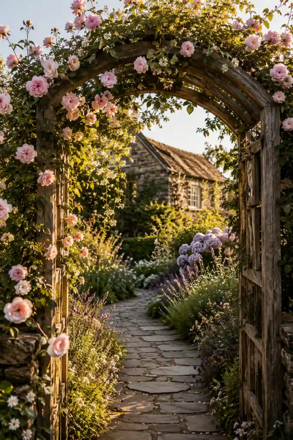 Rustic wooden rose trellis arch covered in blooming soft pink climbing roses above a curved stone garden pathway with lush cottage flowers, greenery, and warm golden sunset lighting in a dreamy romantic backyard.