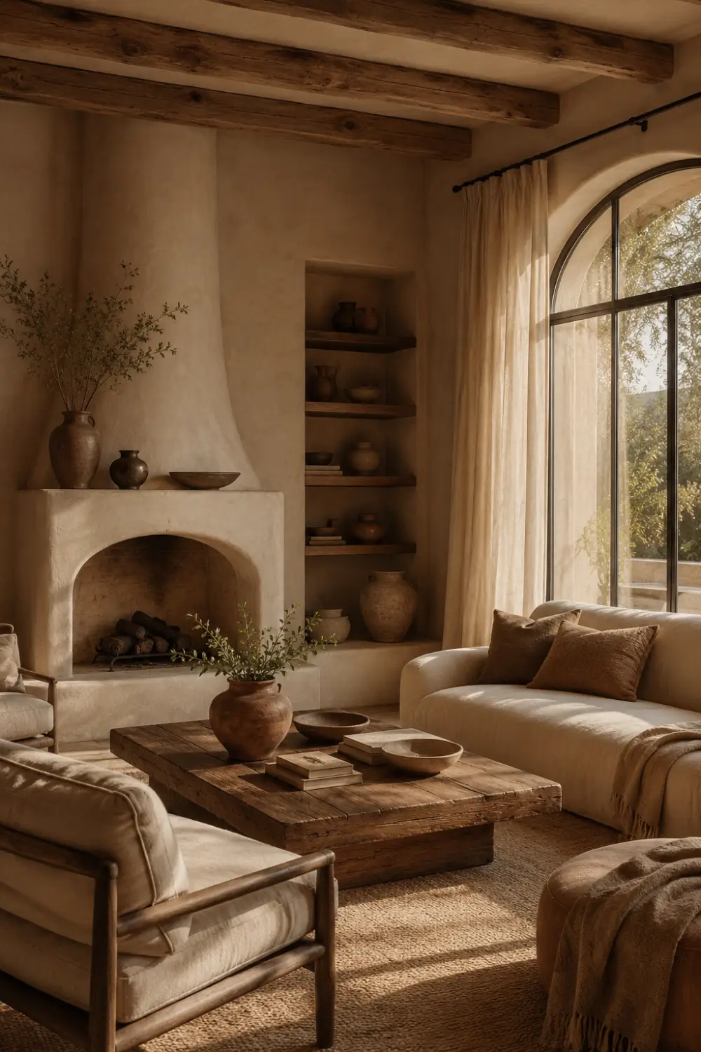 Ultra realistic warm stone beige quiet luxury living room with curved cream sofa, rustic wooden coffee table, textured neutral rug, arched black framed windows, plaster fireplace, earthy decor accents, exposed wood ceiling beams, and elegant Mediterranean-inspired interior styling with soft natural sunlight.