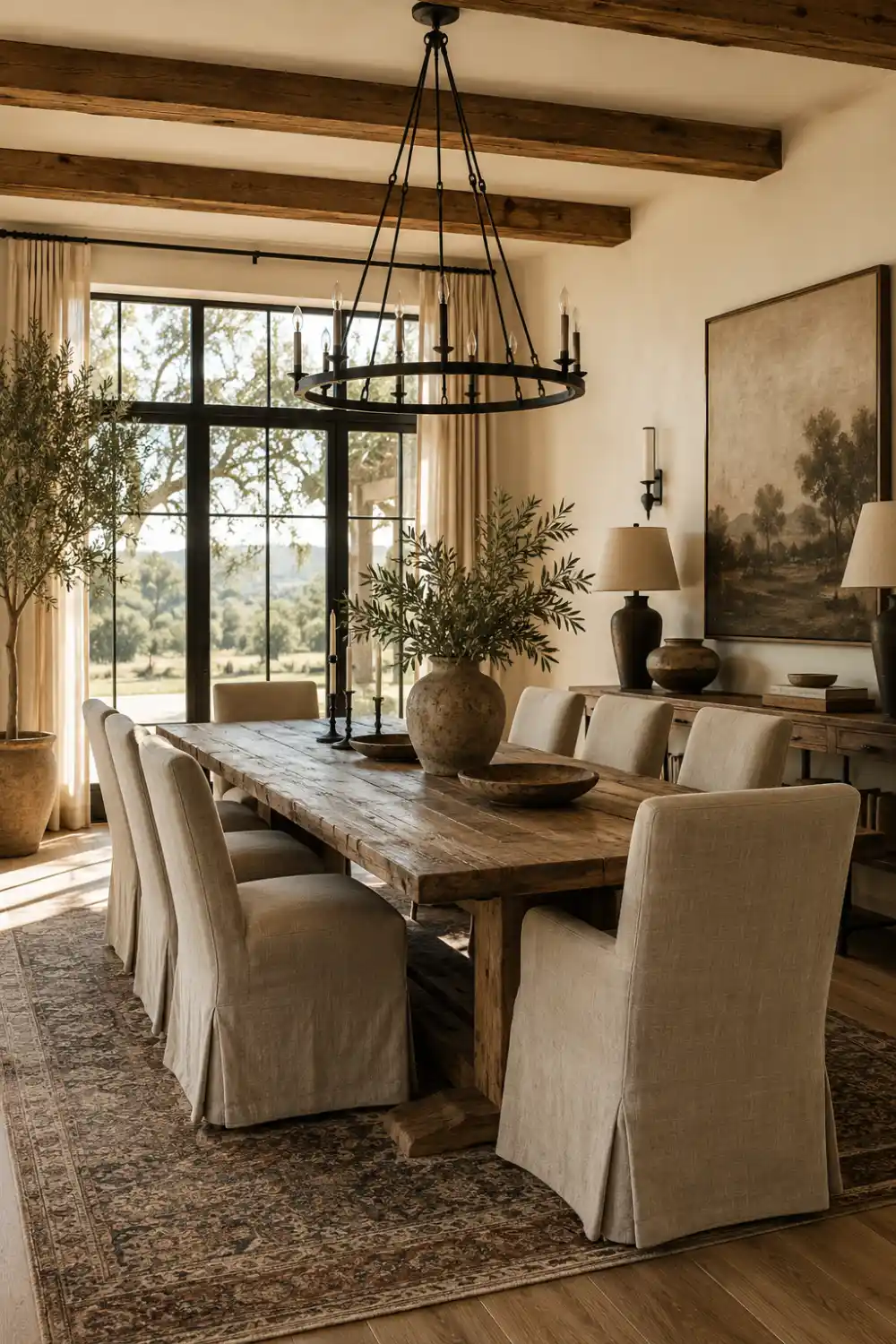 Elegant rustic farmhouse dining room featuring a large reclaimed wood dining table, soft linen slipcovered chairs, exposed wooden ceiling beams, oversized black iron chandelier, warm neutral decor, textured vintage rug, ceramic vases with greenery, large black framed windows, cozy countryside atmosphere, and luxurious modern farmhouse interior styling with soft natural sunlight.