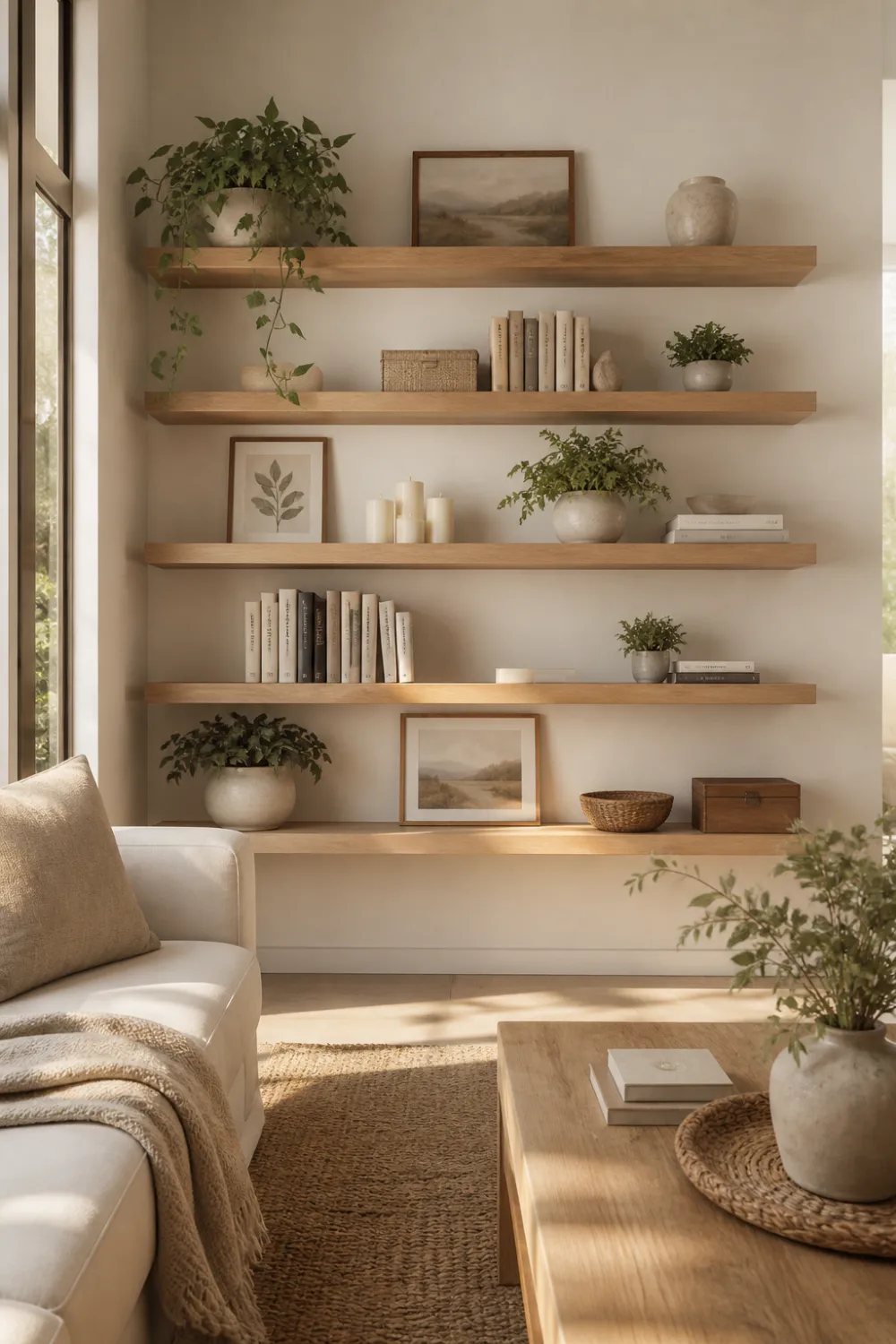 minimalist layered wooden floating shelves wall decor modern living room styling with plants books neutral decor DIY custom built shelf design Scandinavian aesthetic warm interior