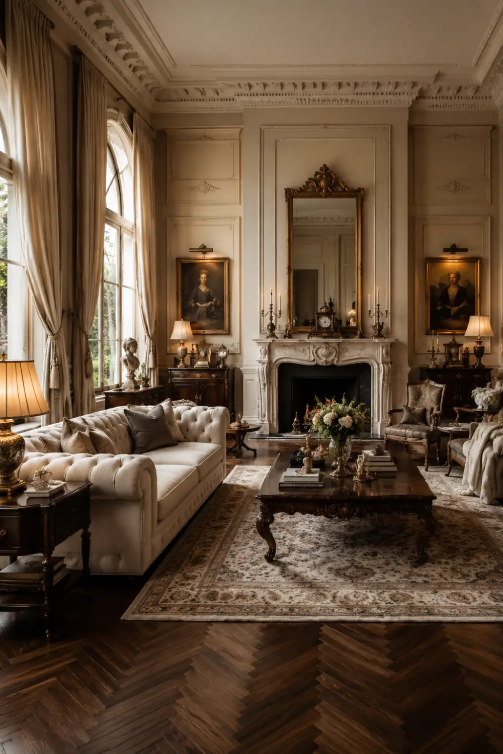 Grand European old money living room with oversized cream Chesterfield sofa, marble fireplace, antique gold mirror, tall arched windows, dark herringbone wood floors, vintage artwork, layered Persian rug, warm lighting, and timeless quiet luxury interior design inspiration.