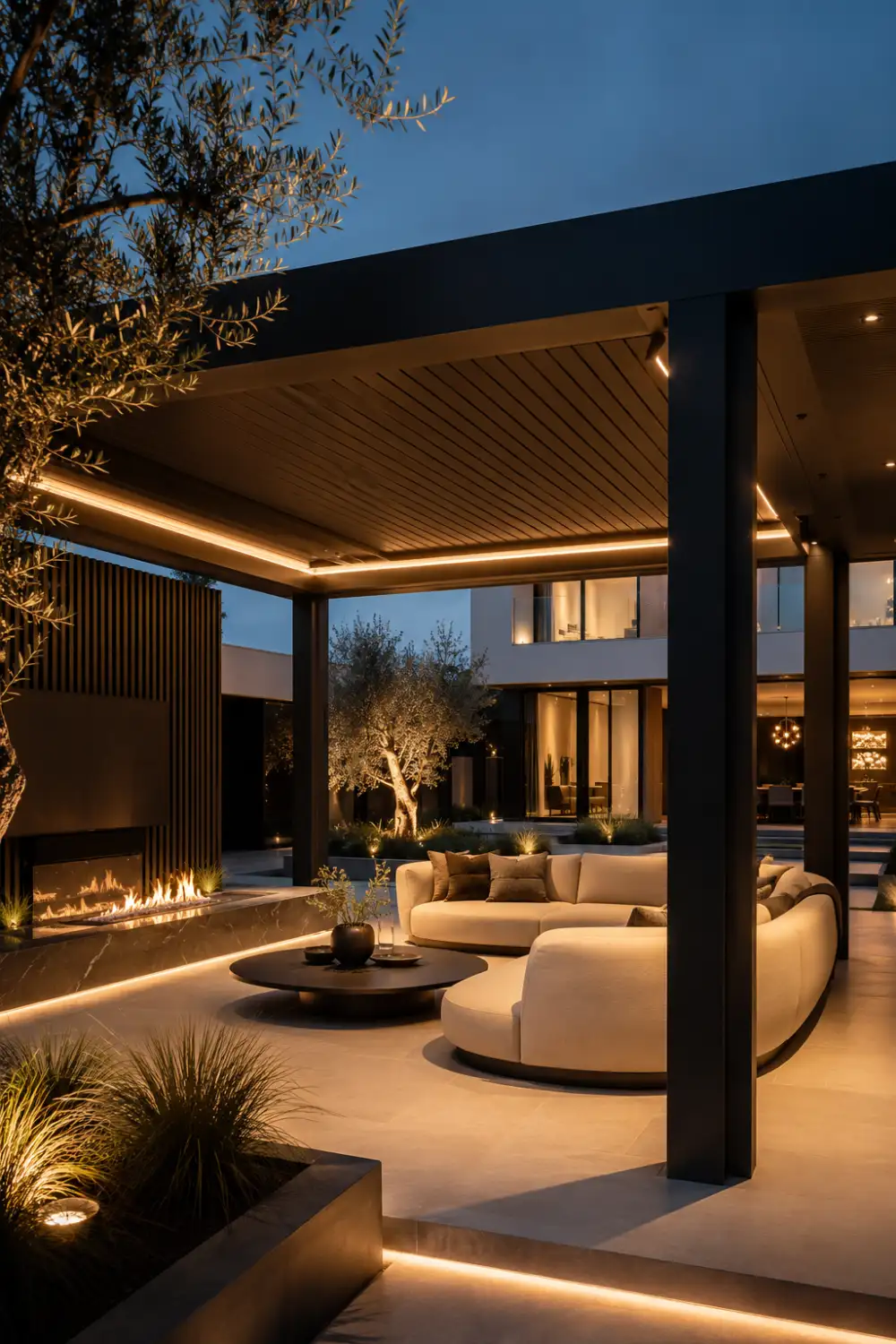 Luxury modern black gazebo with sleek architectural framing, curved cream sectional seating, warm LED ceiling lighting, linear fire feature, minimalist landscaping, and elegant contemporary outdoor lounge setup in a high-end backyard at night.