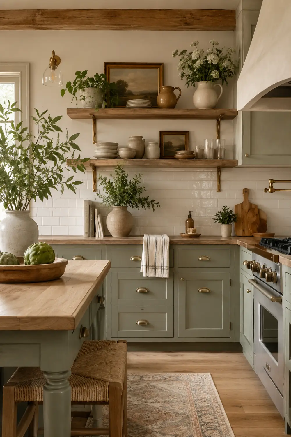 Sage green shaker kitchen cabinets with warm wood countertops, floating shelves, brass hardware, ceramic decor, and cozy modern farmhouse kitchen styling
