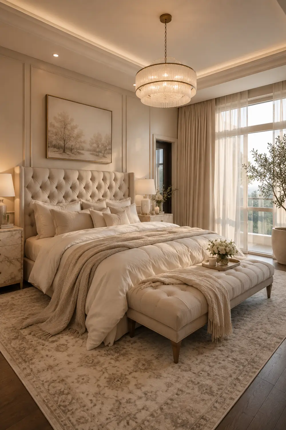 Soft neutral luxury romantic bedroom with oversized tufted upholstered bed, layered cream bedding, crystal chandelier, sheer curtains, marble nightstands, plush bench seating, warm ambient lighting, textured rug, and elegant honeymoon suite decor.