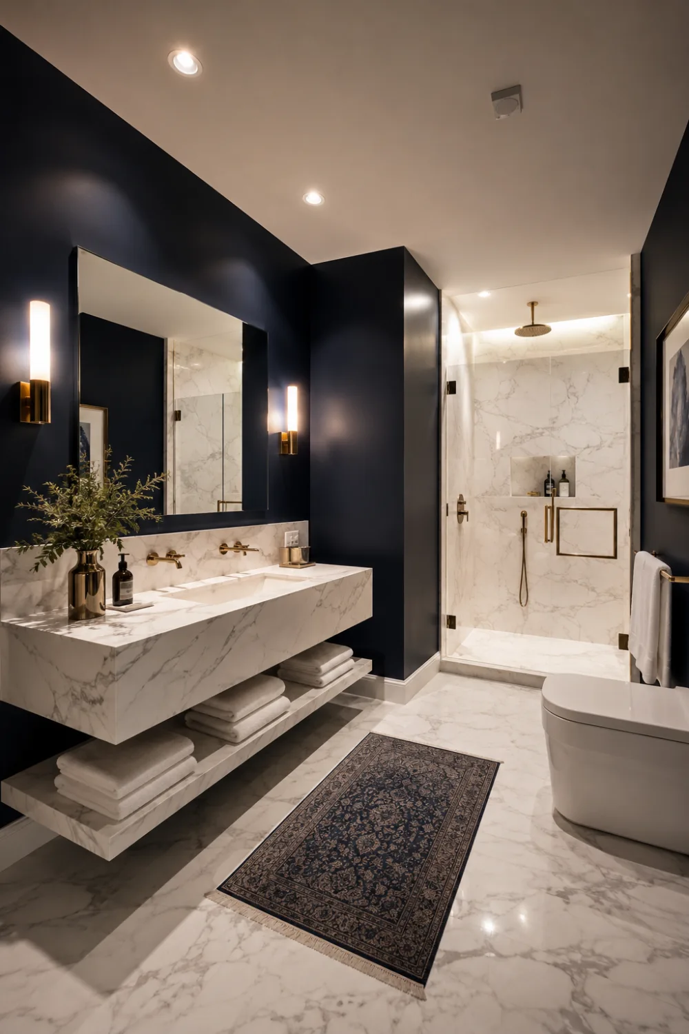 Luxury navy blue bathroom with deep navy walls, floating white marble vanity, brass fixtures, frameless mirror, marble flooring, warm wall sconces, modern shower, and elegant cozy spa-inspired interior design.