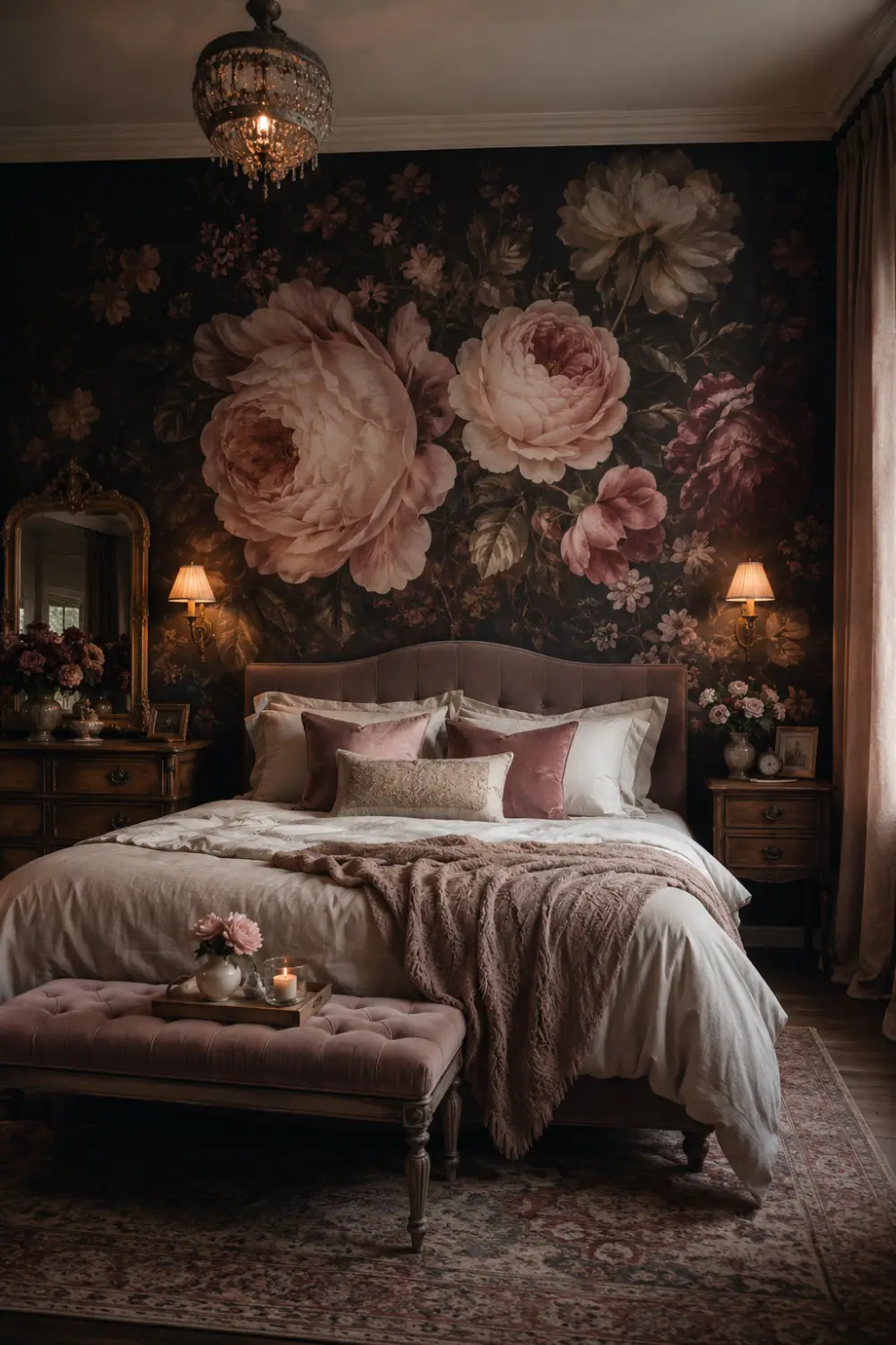 Romantic luxury bedroom with oversized floral mural feature wall, moody dark wallpaper, blush pink flowers, elegant chandelier, warm bedside lighting, velvet textures, layered neutral bedding, vintage decor, and dramatic feminine bedroom inspiration.
