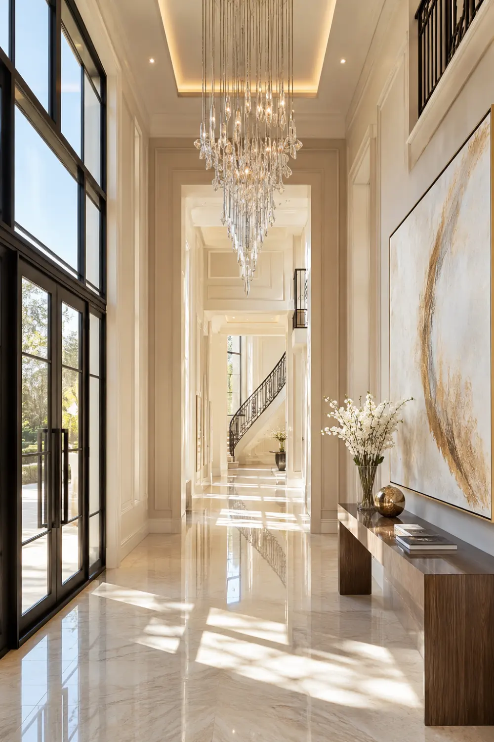 Luxury modern entry hallway with double height ceilings, oversized crystal chandelier, glossy marble flooring, floor-to-ceiling black framed windows, elegant wall molding, large abstract artwork, warm sunlight, walnut console table, and upscale mansion style interior design.