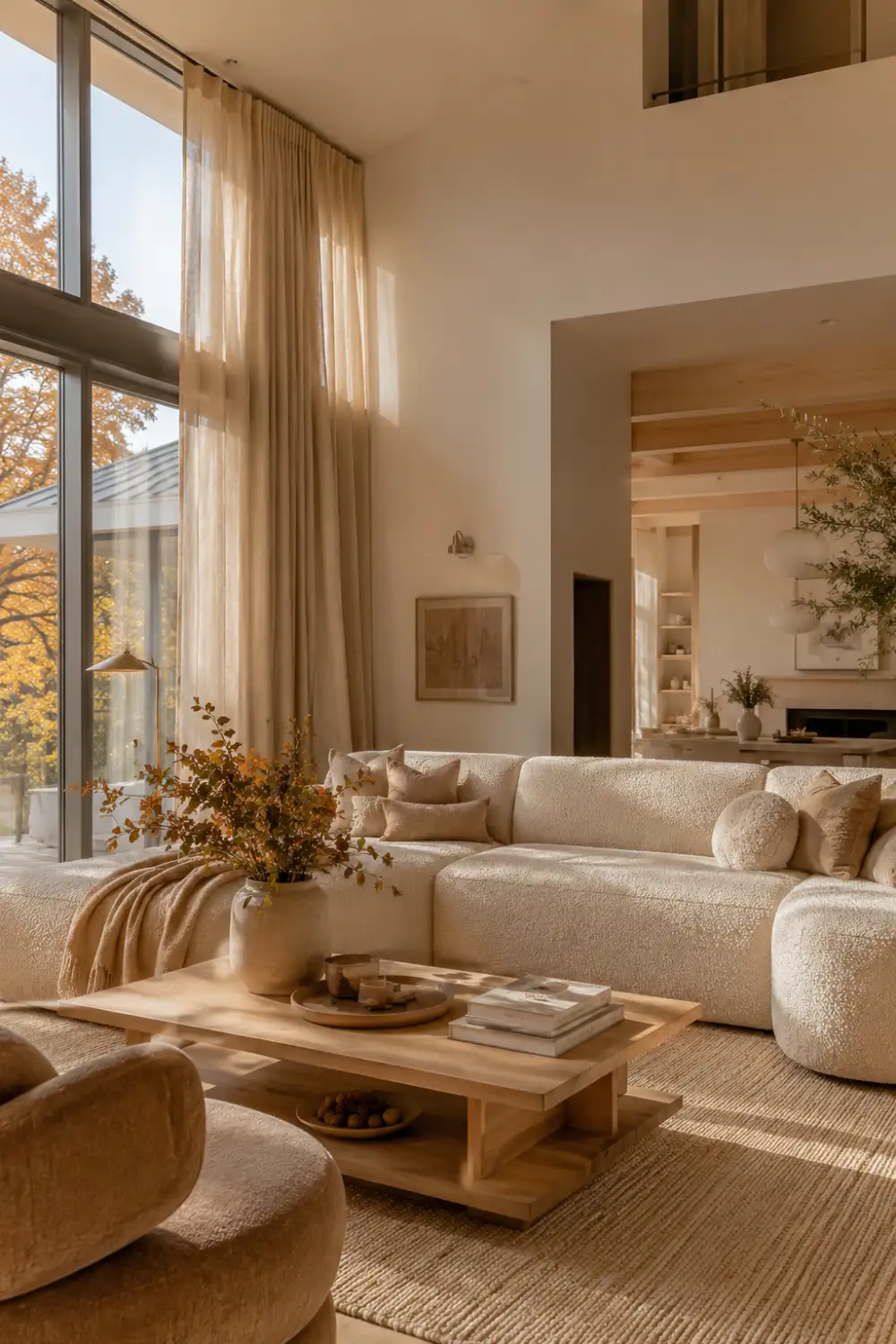 Luxury warm minimalist living room with oversized cream boucle sectional sofa, neutral earthy decor, layered linen textures, wooden coffee table, soft autumn sunlight, cozy beige interior palette, and modern elegant home styling for autumn 2026 inspiration.