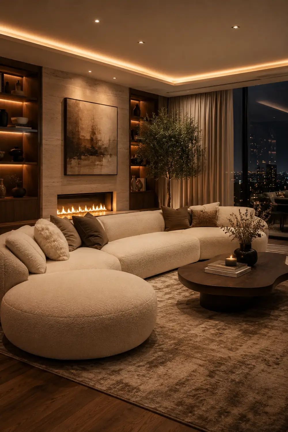 Luxury cozy modern living room with curved boucle sectional sofa, warm fireplace wall, soft ambient LED ceiling lighting, walnut wood accents, layered neutral rugs, elegant coffee table styling, cozy beige interior decor, and modern small living room design inspiration.