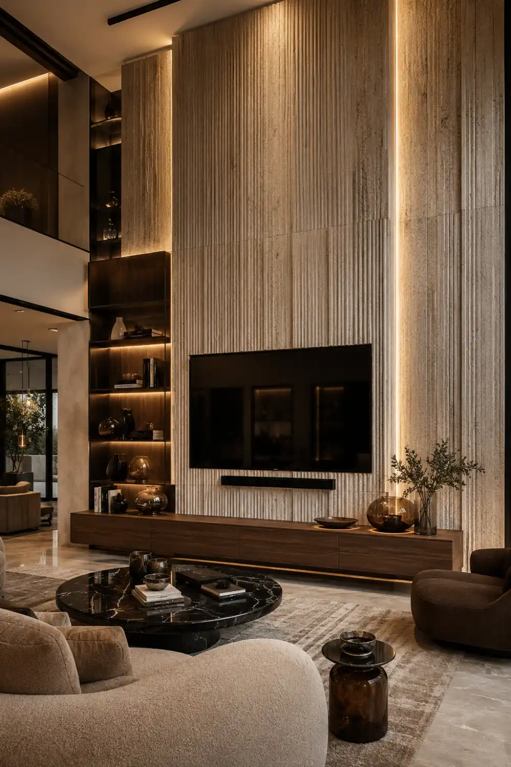Luxury ribbed stone TV wall with vertical textured panels, hidden warm LED lighting, floating walnut media console, curved modern furniture, and elegant contemporary living room interior with a high-end architectural design aesthetic.
