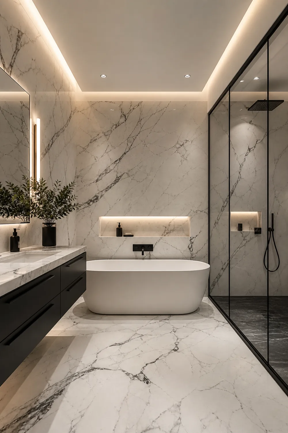 luxury modern black and white marble bathroom with freestanding bathtub, white marble walls and floor with black veining, matte black floating vanity, glass walk in shower, warm ambient lighting, spa style interior design