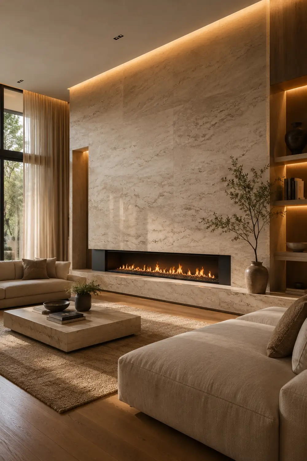 Luxury linear black fireplace built into a modern beige feature wall with warm LED lighting, cozy neutral furniture, oak wood flooring, and elegant contemporary living room decor