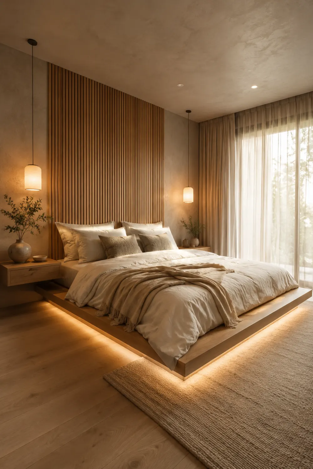 Cozy small Japandi bedroom with floating oak platform bed, hidden warm LED lighting, vertical wooden slat accent wall, soft layered linen bedding, textured neutral walls, pendant lights, and minimalist luxury decor for compact spaces.