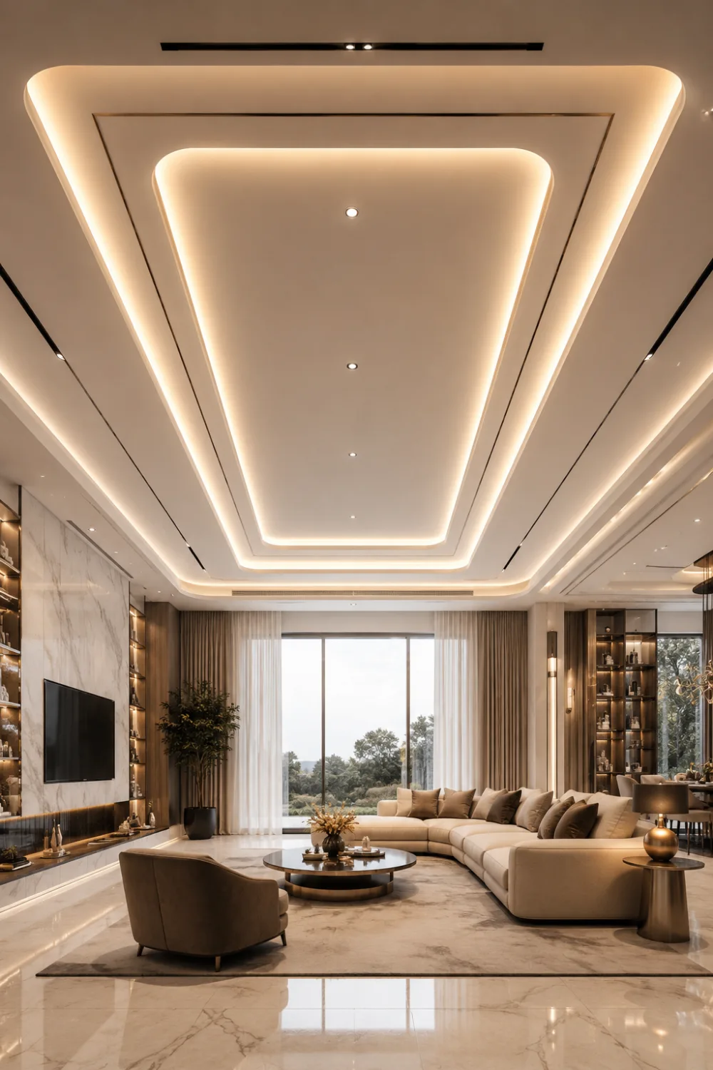 Luxury minimalist recessed LED ceiling design with layered warm ambient lighting, sleek modern architecture, marble flooring, and elegant contemporary living room interior inspiration.