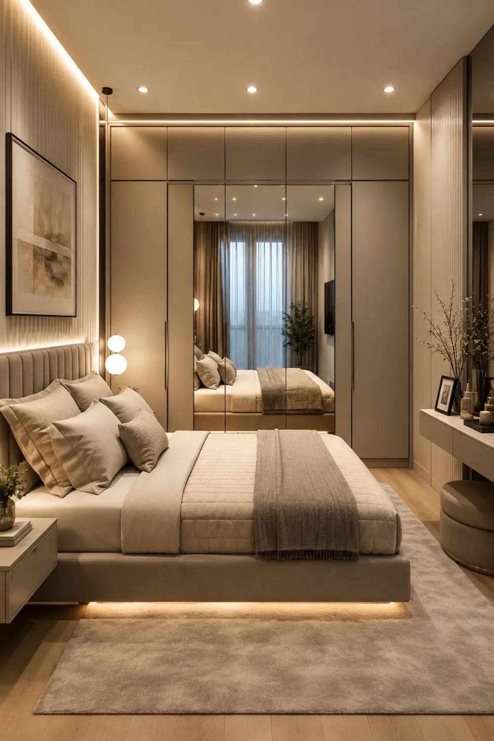 Luxury tiny bedroom with floor-to-ceiling wardrobe wall, mirrored closet panels, warm LED lighting, cozy neutral bedding, floating nightstands, and smart built-in storage ideas for modern small apartment living.