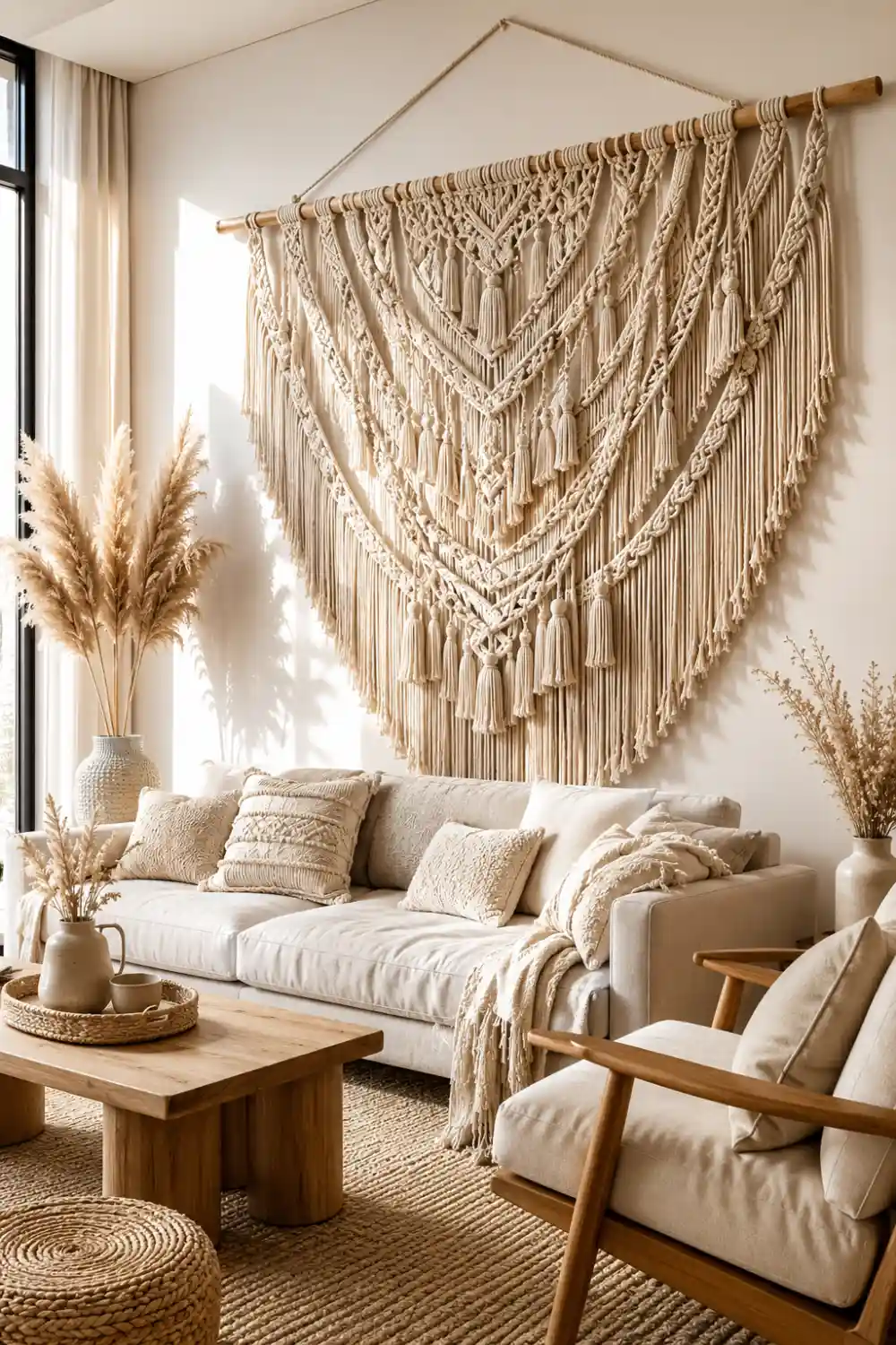 Oversized neutral boho macrame wall hanging with layered tassels and intricate woven cotton textures displayed above a beige linen sofa in a cozy Scandinavian living room with pampas grass, wooden furniture, and soft neutral decor.