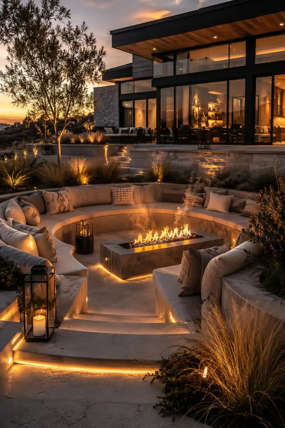 Modern sunken backyard fire pit lounge with curved built-in seating, glowing linear fire pit, warm LED stair lighting, neutral outdoor cushions, luxury landscaping, and contemporary modern home exterior at sunset.
