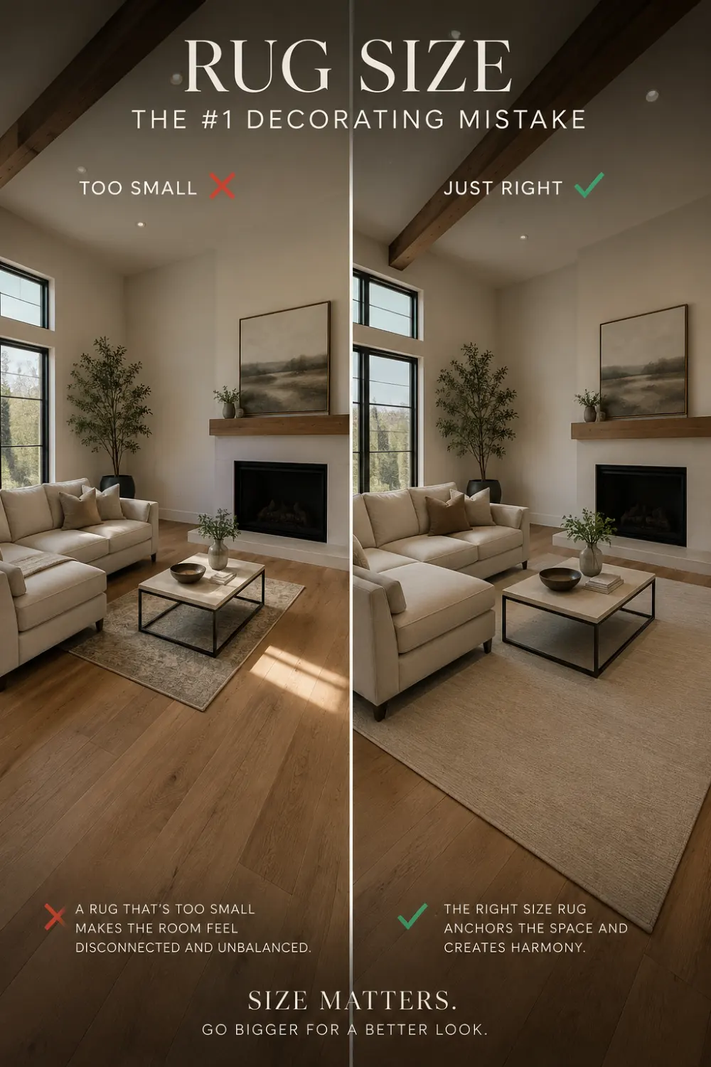 Living room rug size mistake comparison with small rug vs oversized rug in modern neutral luxury interior
