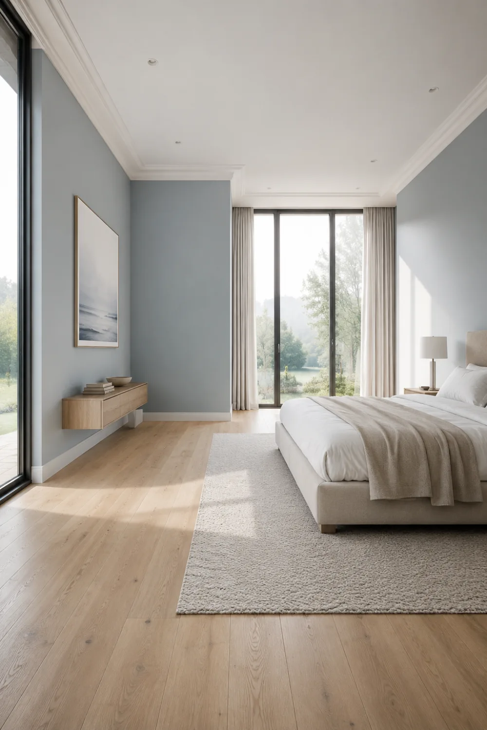 Modern misty ice blue bedroom with oversized windows, soft neutral bedding, light wood flooring, and airy Scandinavian luxury interior design inspiration for calming modern homes.