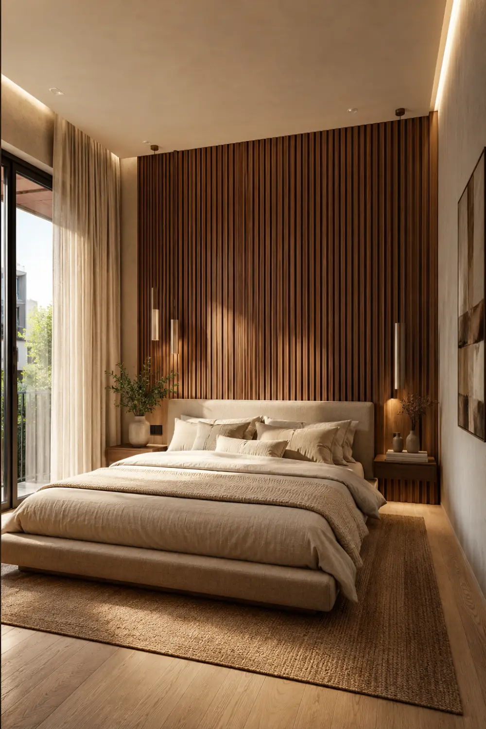 Luxury modern bedroom featuring a walnut wood slat accent wall behind a low platform bed with layered beige bedding, warm pendant lighting, soft linen curtains, woven rug, neutral decor, and cozy minimalist interior styling with elegant hotel-inspired aesthetics.