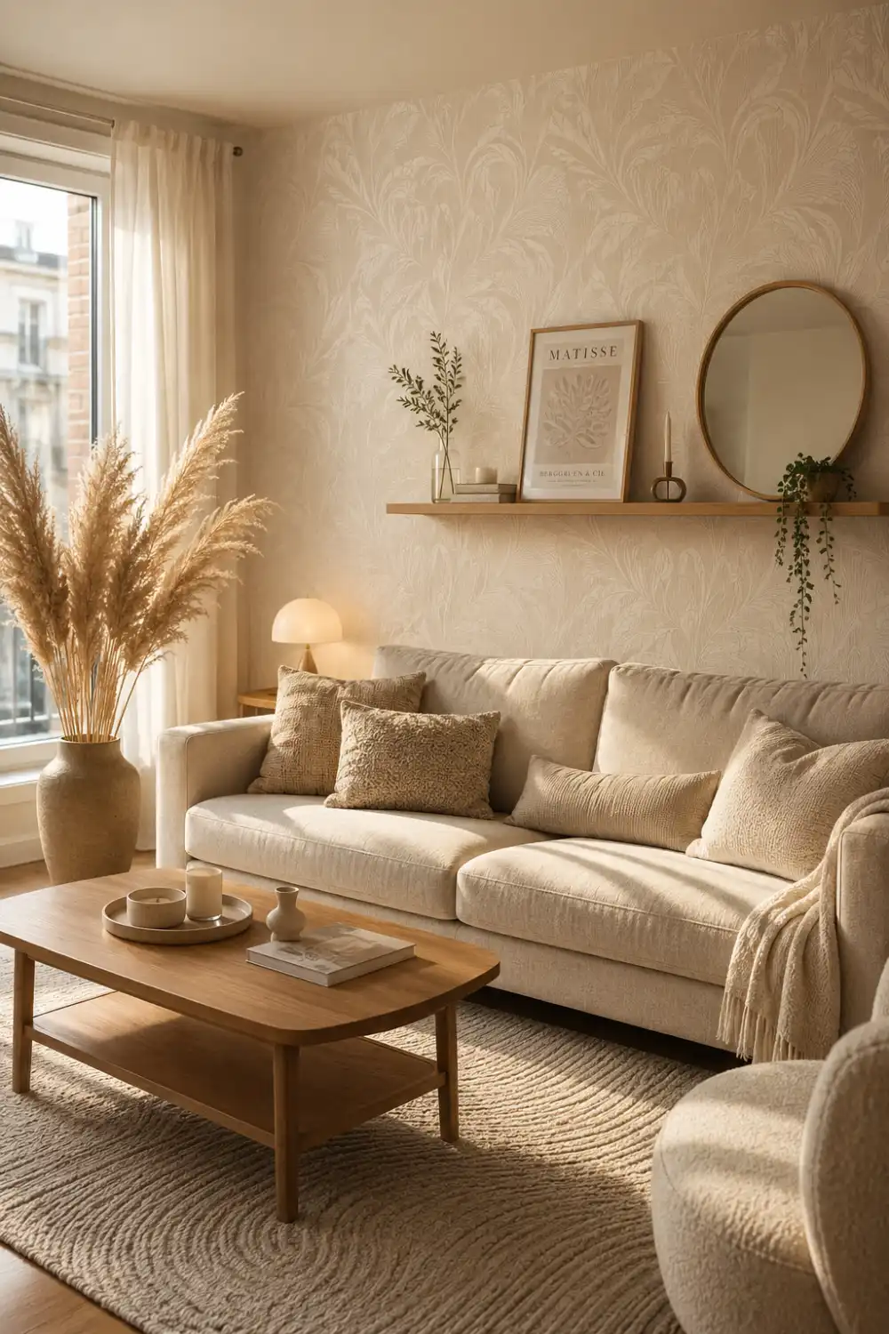 Cozy neutral rental apartment living room with a modern beige sofa, soft textured throw pillows, warm ambient lighting, wooden coffee table, woven rug, pampas grass decor, minimalist wall art, floating wooden shelf, and elegant Scandinavian-inspired apartment styling with natural sunlight creating a warm and inviting Pinterest aesthetic for small apartment decor inspiration.