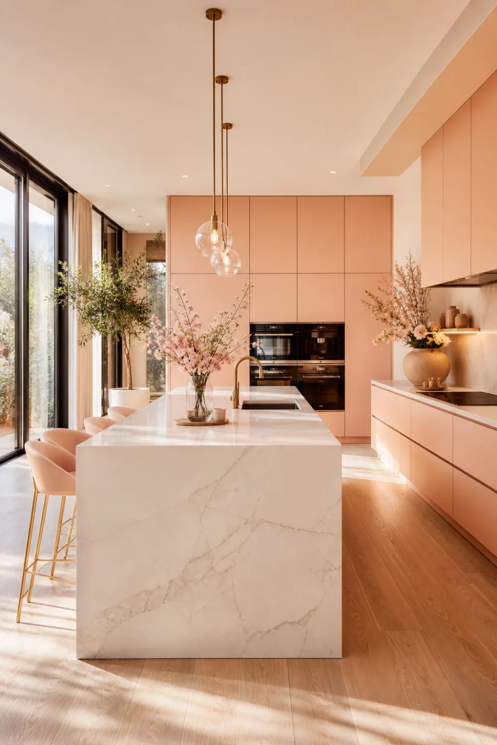 modern peach fuzz kitchen with large marble island, brass faucet and pendant lights, soft natural lighting, minimalist cabinetry, luxury warm modern kitchen interior design