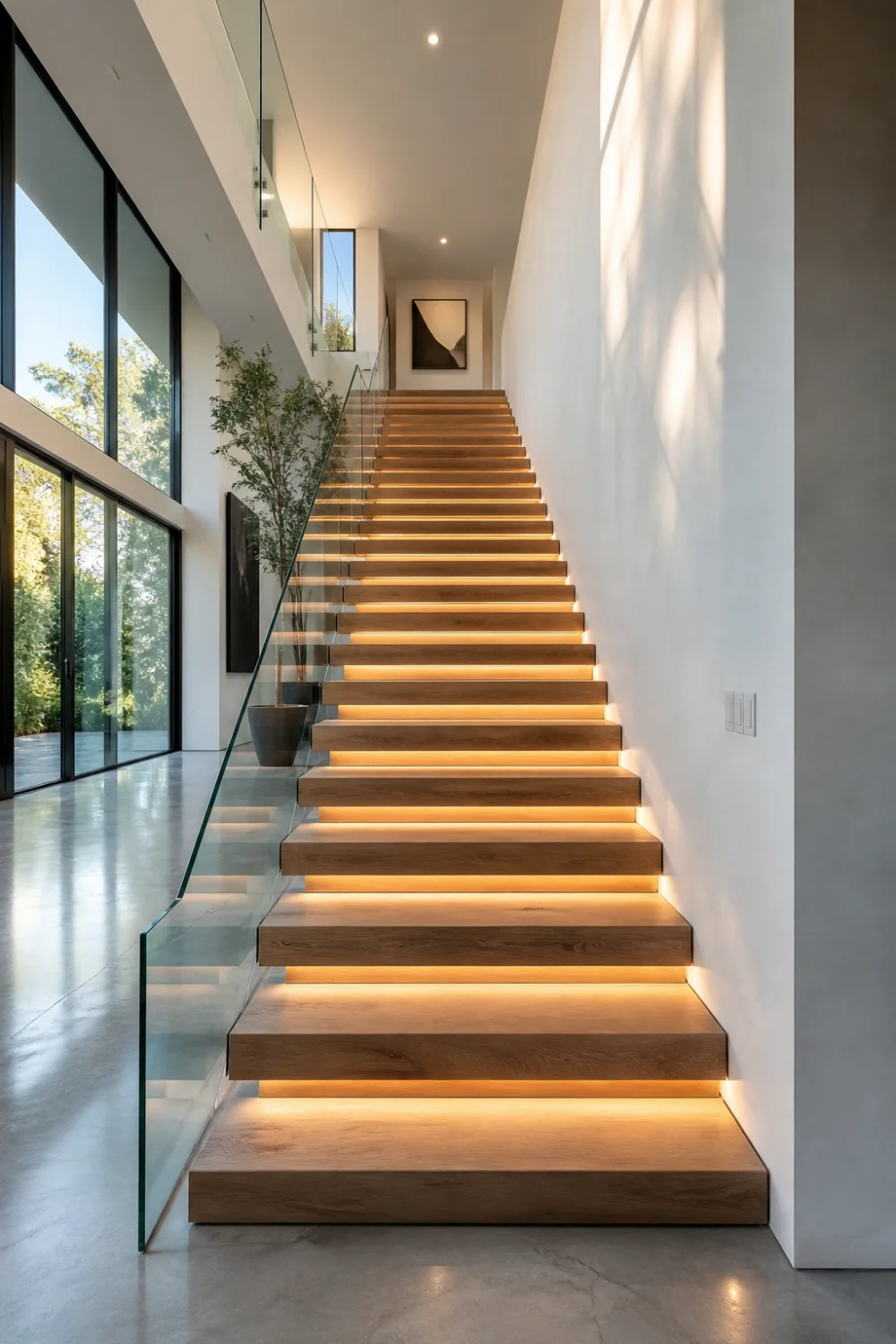 modern LED floating wooden staircase with glass railing, warm oak steps, hidden strip lighting, large window natural light luxury home interior