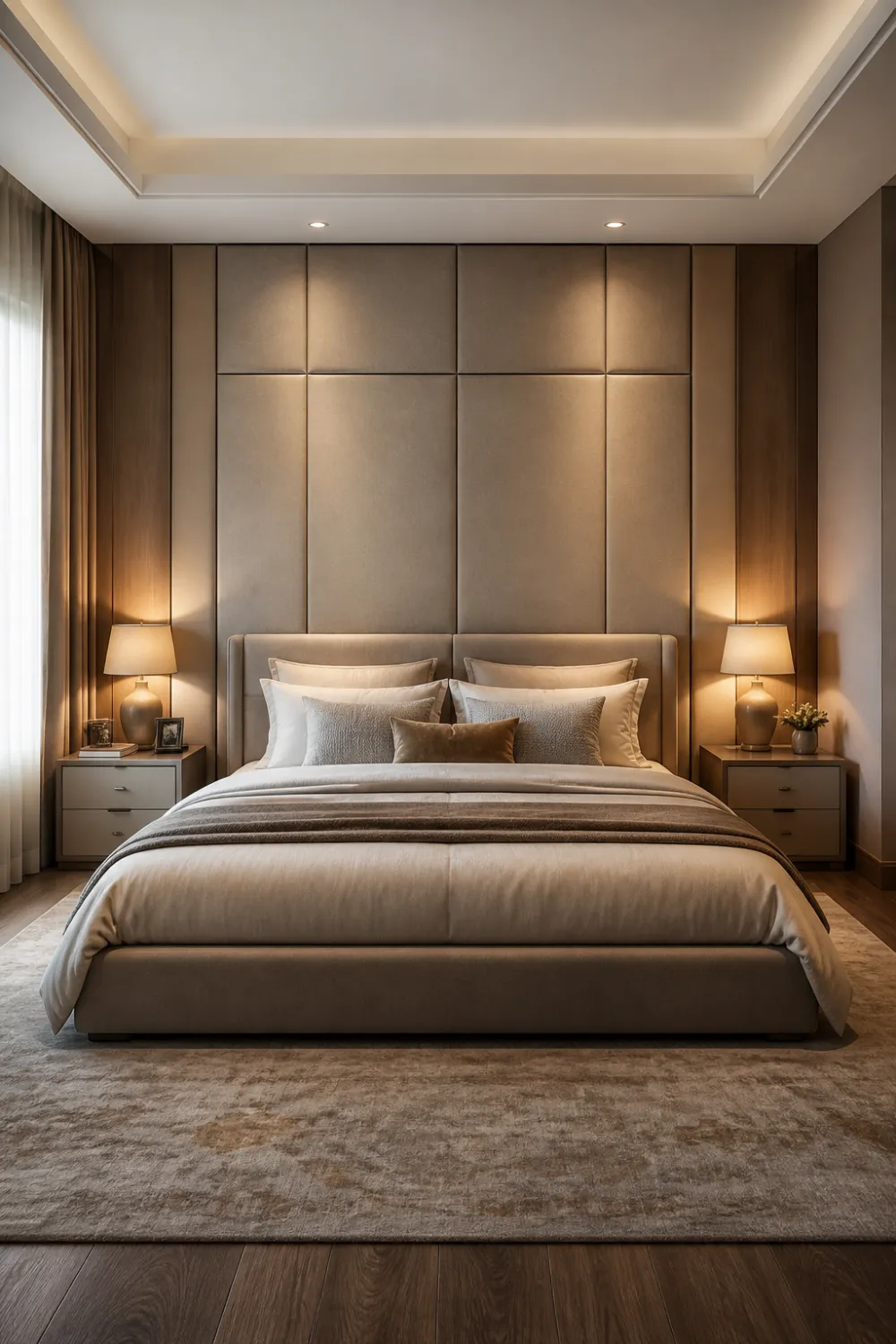 full wall upholstered headboard luxury bedroom with tall padded panels neutral beige tones warm ambient lighting modern bed setup symmetrical bedside tables cozy premium hotel style bedroom decor inspiration