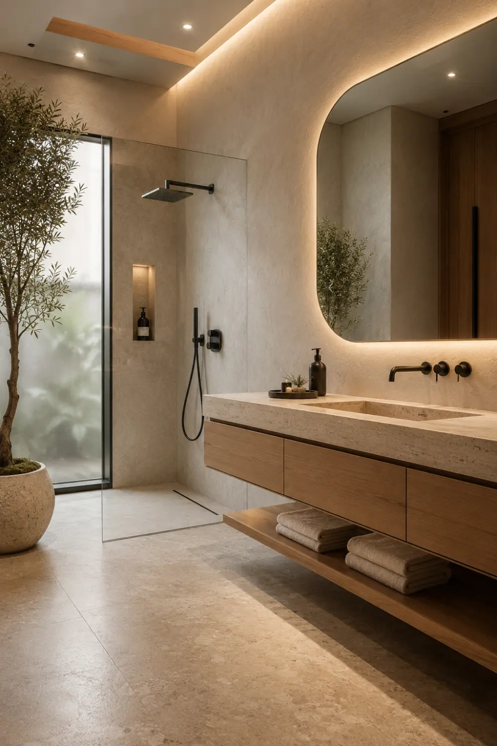 Warm neutral Japandi bathroom featuring a floating wood vanity with open shelving, soft beige stone flooring, frameless glass walk-in shower, oversized backlit mirror, matte black fixtures, warm ambient LED lighting, textured walls, and modern spa-inspired minimalist decor.