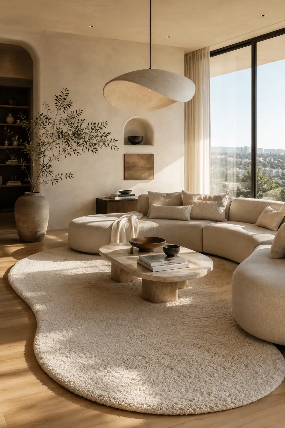 Luxury modern living room featuring an organic curved cream rug, oversized neutral sectional sofa, warm oak wood flooring, sculptural coffee table, soft natural sunlight, and cozy minimalist interior design with elegant contemporary decor styling.